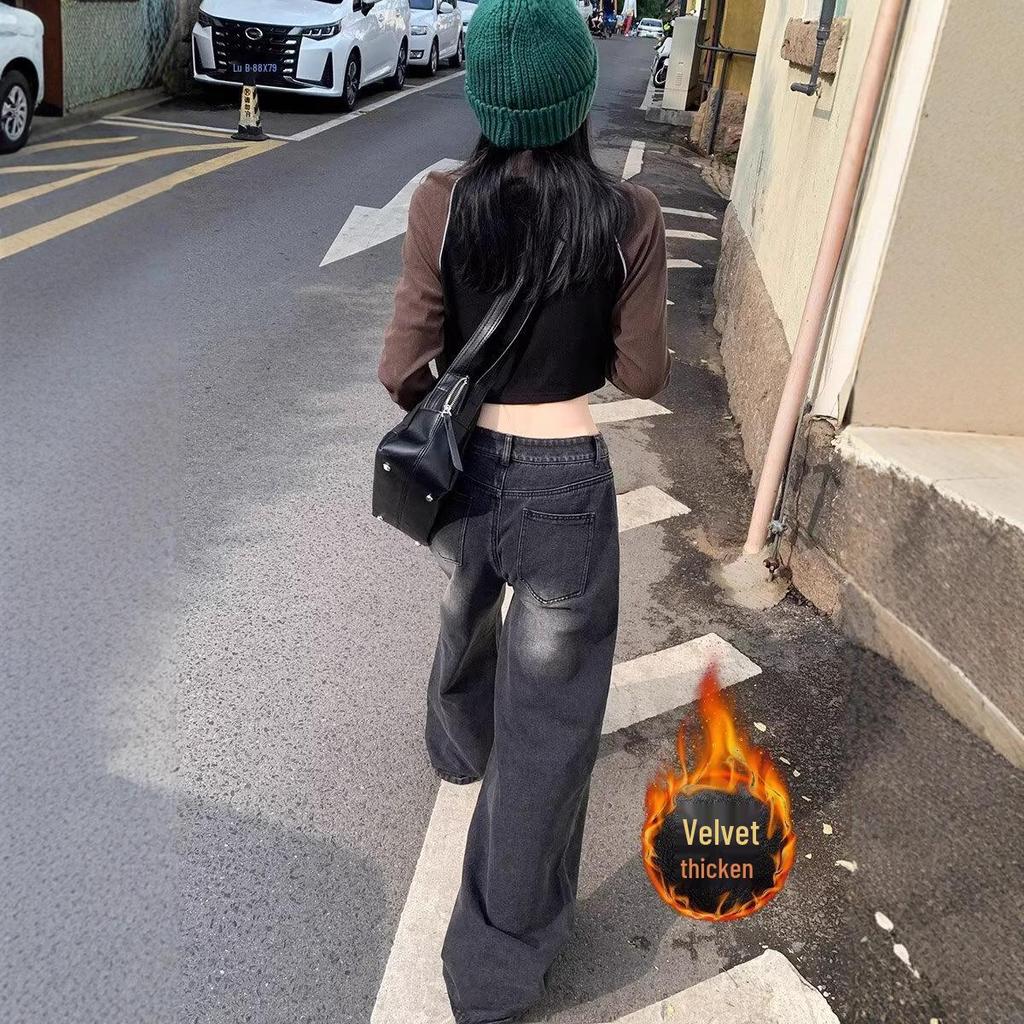 American Retro Velvet-Lined Wide-Leg High-Waist Women's Jeans for Autumn & Winter