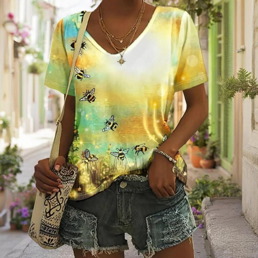 Vintage Flower T-shirt V Neck Casual Fashion Y2k Printed T Shirts Women