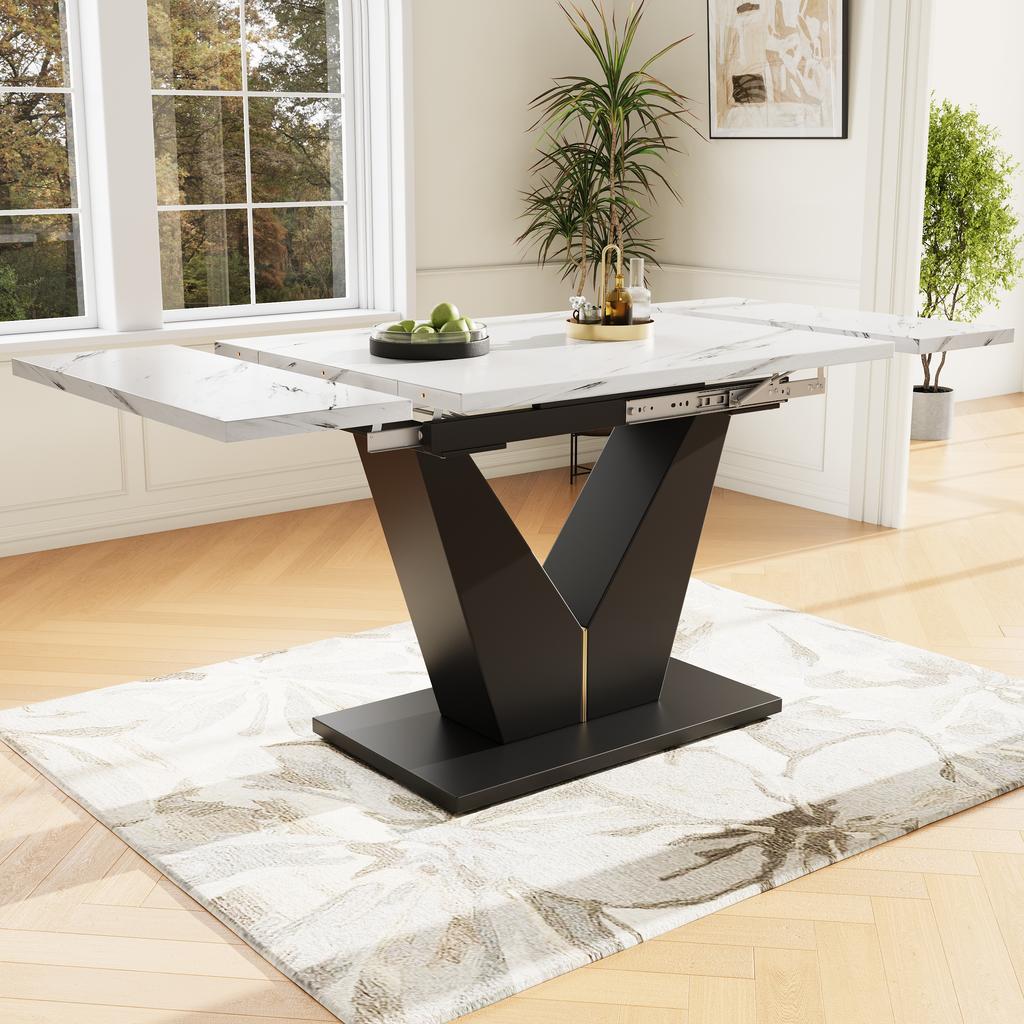 Uitschuifbare Eettafel (99-159×75cm), Uitschuifbaar, Ruimtebesparend, Flexibel Ontwerp, Geschikt voor Thuiswerkplek & Woonkamer, Wit Tafelblad met V-vormig