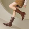 Krazing Pot Cow Leather Winter Pointed Toe Thick Med Heels Western Boots Women Zipper Retro Vintage Mid-calf Boots