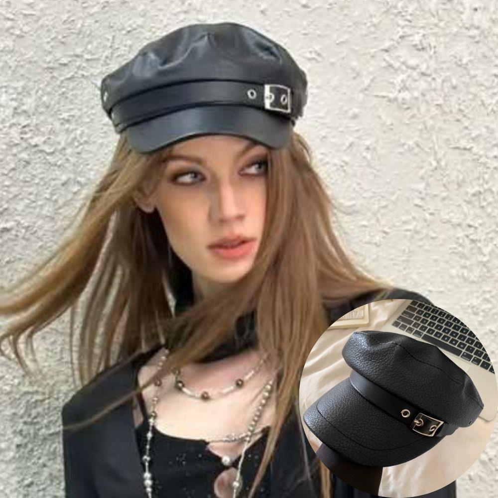 Autumn Versatile Beret Leather Retro Flat Top Visor Black Painter Hat Fashion Beret With Visor For Women Adjustable Beret Cap