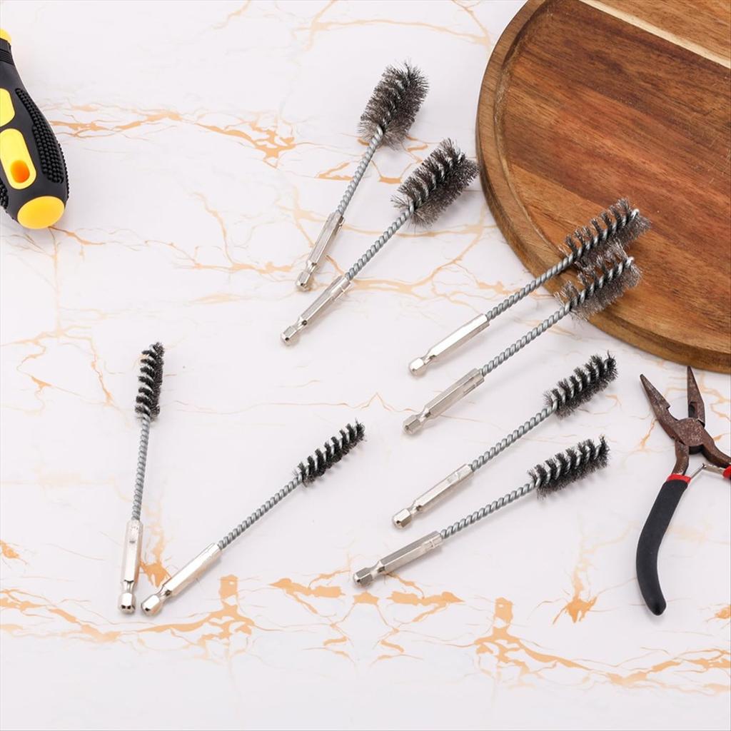 BHBL 8pcs Bore Brush, Stainless Steel Wire Brush Drill Attachments with 1/4 Inch Hex Shank Twisted Wire Cleaning Tools