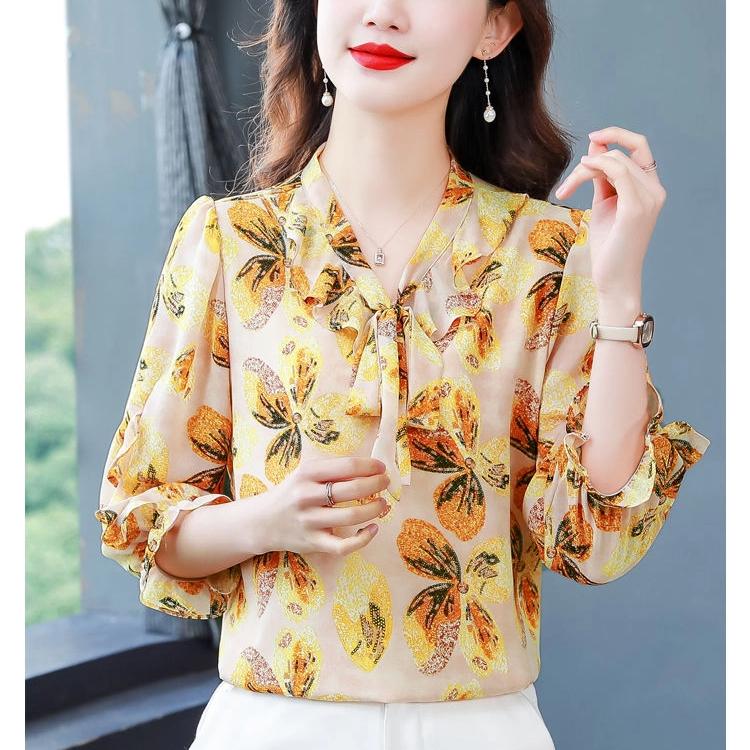 Spring Summer New Bow Tie Chiffon Shirt Women's Three Quarter Sleeve Top Elegant Fashion Floral Printing Chiffon Blouse Femme