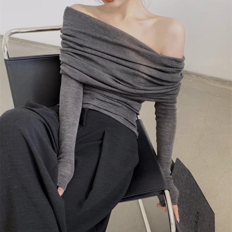 Autumn New Sexy One Shoulder Pullover Sweaters for Women Lapel Off Shoulder Long Sleeved Knitted Sweater Woman Elegant Casual Winter Knitwear 24861
