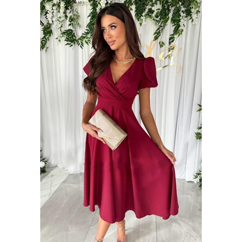 New commuter solid color collar waist bubble sleeve pendulum dress women s clothing S красный