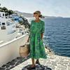 Summer New Flower Digital Printing Loose and Thin Medium-sleeved Round Neck Holiday Style Medium-length Dress
