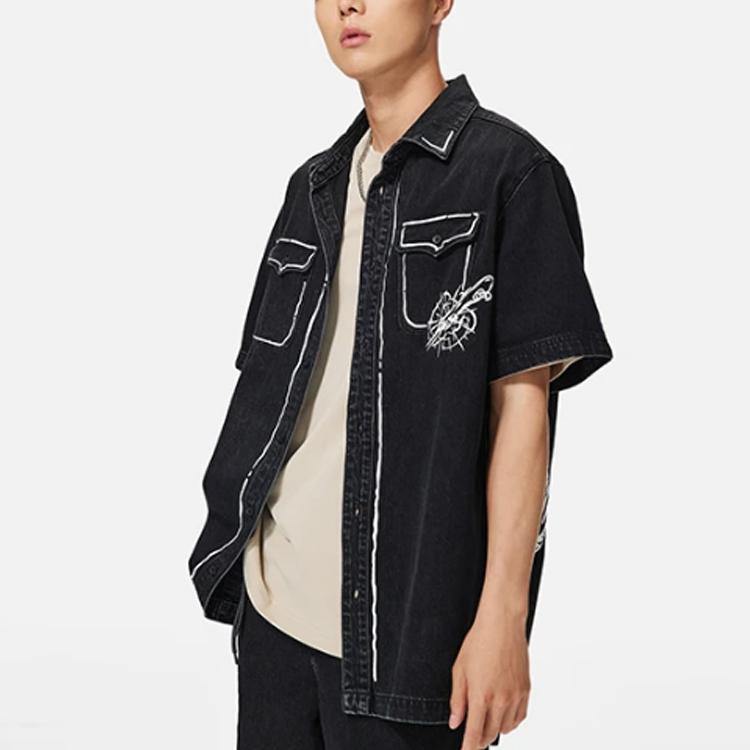 Li Ning X Marvel Collaboration Washed Denim Short Sleeve Shirt Men Shirts Black ASHS903-1