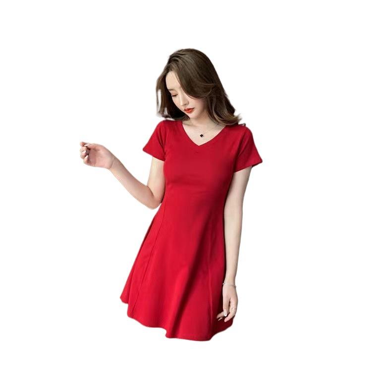 New Summer Women's Dress, Red V-neck Short-sleeved Waist and Thin Age-reducing Temperament A-word Skirt