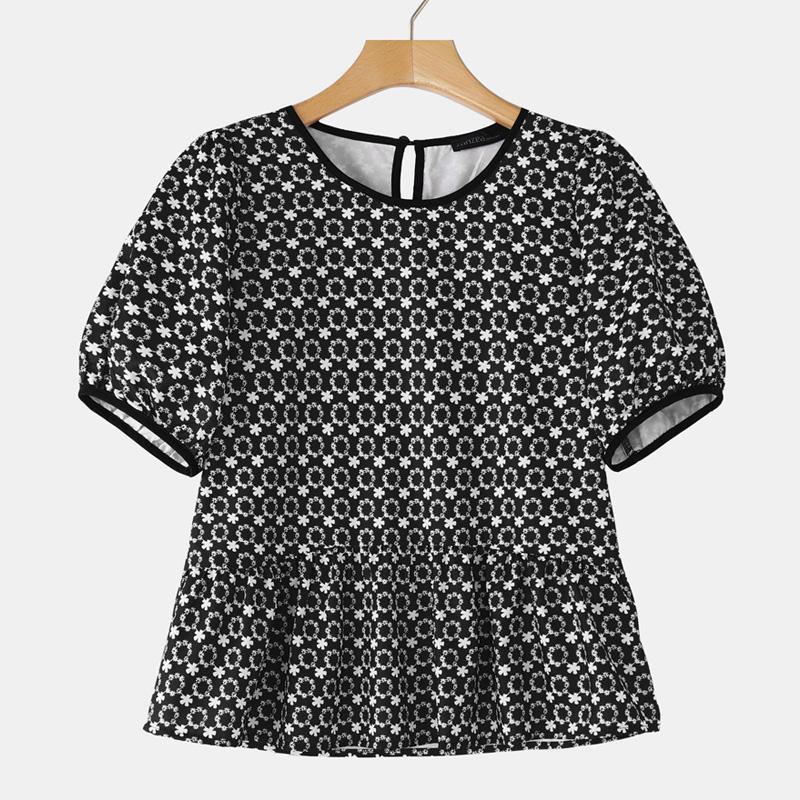 

ZANZEA Женская повседневная блузка с круглым вырезом, цветочным принтом и коротким рукавом M