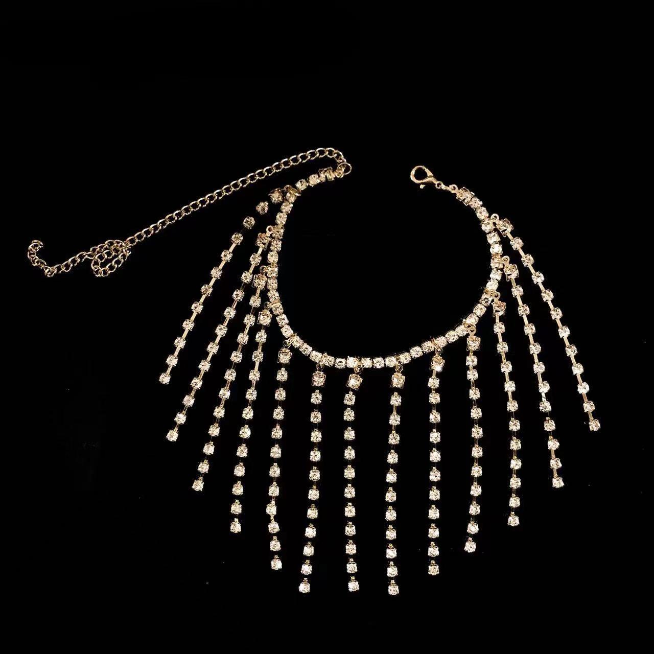 

Элегантные сандалии-браслеты на щиколотку с кисточками из страз для женщин - Кристальные украшения, пляжные аксессуары золотой