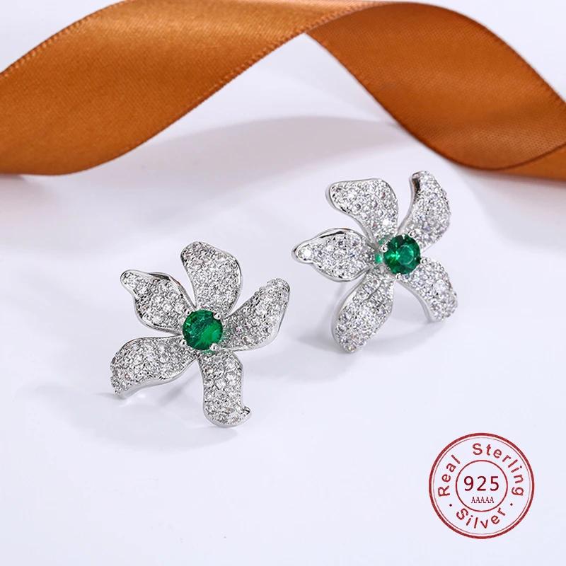 New Simulated Emerald Crystal Flower Stud Earrings for Women Gift Fashion  Sterling Silver  Zirconia Leaves Earrings