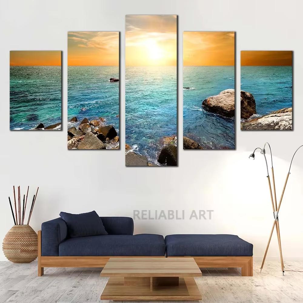 5 Stück Cleopatra Ozean Leinwandbild Wandkunst Oranger Himmel Ozeanstrand Multi Türkei Sandstrand Sonnenaufgang Wanddekoration Ohne Rahmen