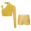 Girls Dance Performance Top Sparkly Rhinestone Irregular Shoulder Crop Top V Front Waistband Shorts