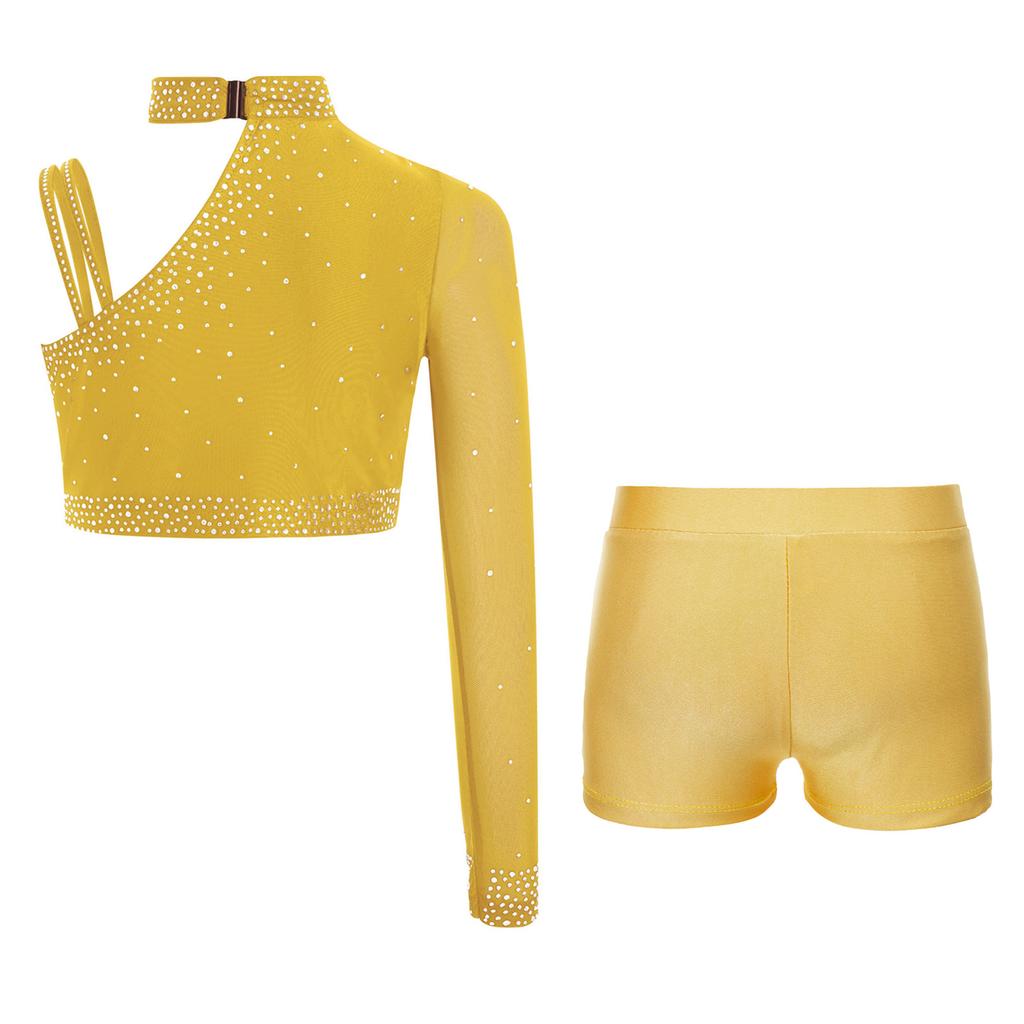 Girls Dance Performance Top Sparkly Rhinestone Irregular Shoulder Crop Top V Front Waistband Shorts