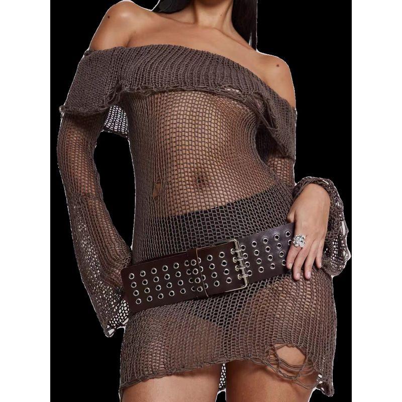 

Jaded London Millennium Gyaru Ripped Knitted off-Shoulder Hollow Loose Waste Soil Style off-Shoulder Dress Coffee L