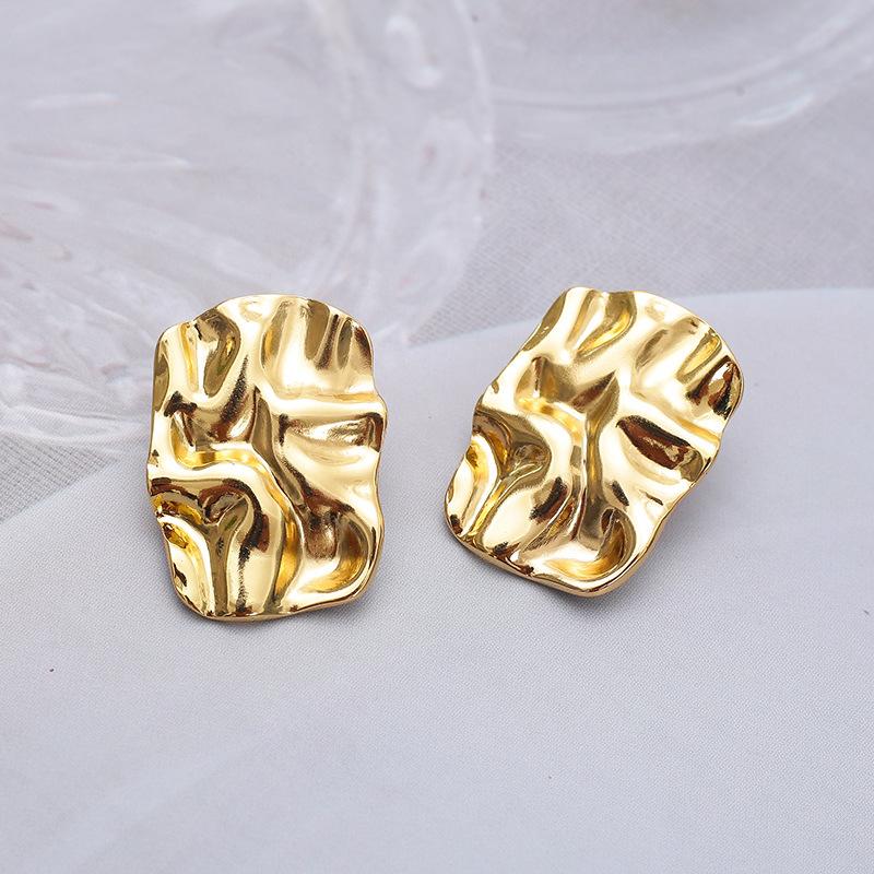 Cold wind stainless steel stud earrings niche design titanium steel K gold irregular square pleated earrings