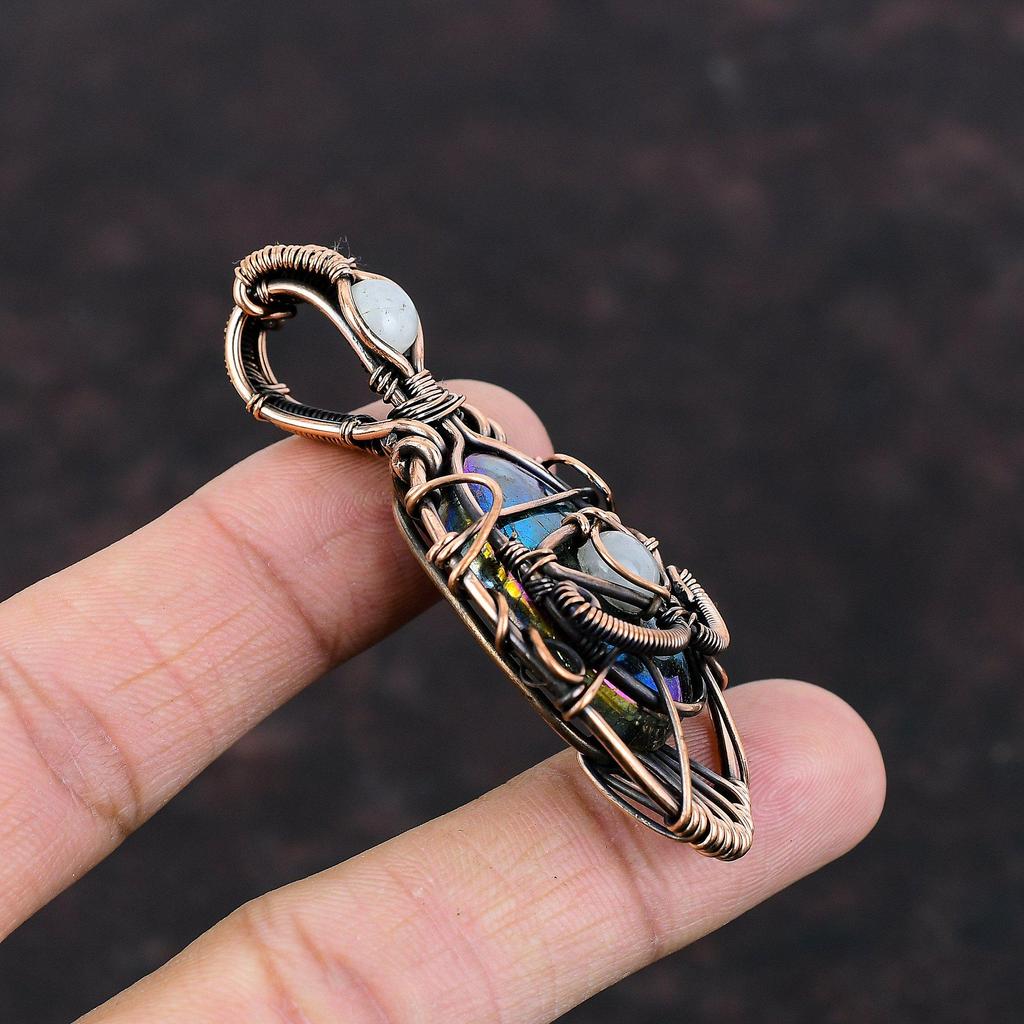 Evil Eye Mystic Fire Labradorite Pendant Copper Wire Wrapped Gemstone Pendant Handmade Copper Jewelry Rainbow Moonstone Pendant Gift For Her