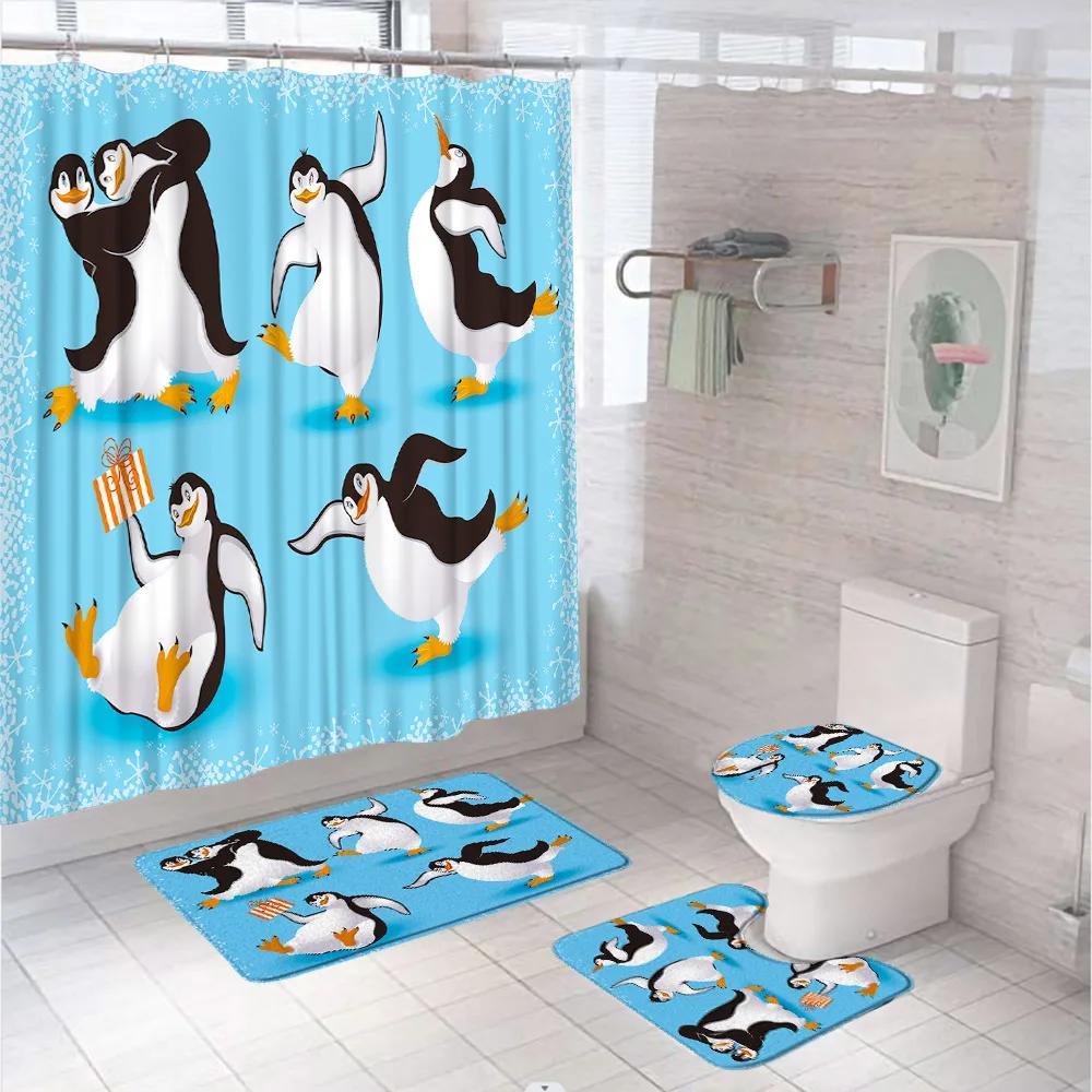 Funny Penguin Shower Curtain Set Animal Antarctic Ice Field Nature Blue Sky Bathroom Curtains Non-Slip Bath Mat Rug Toilet Cover