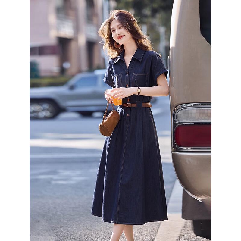 Women s Summer Faux Denim Lapel Belted A-Line Dress S