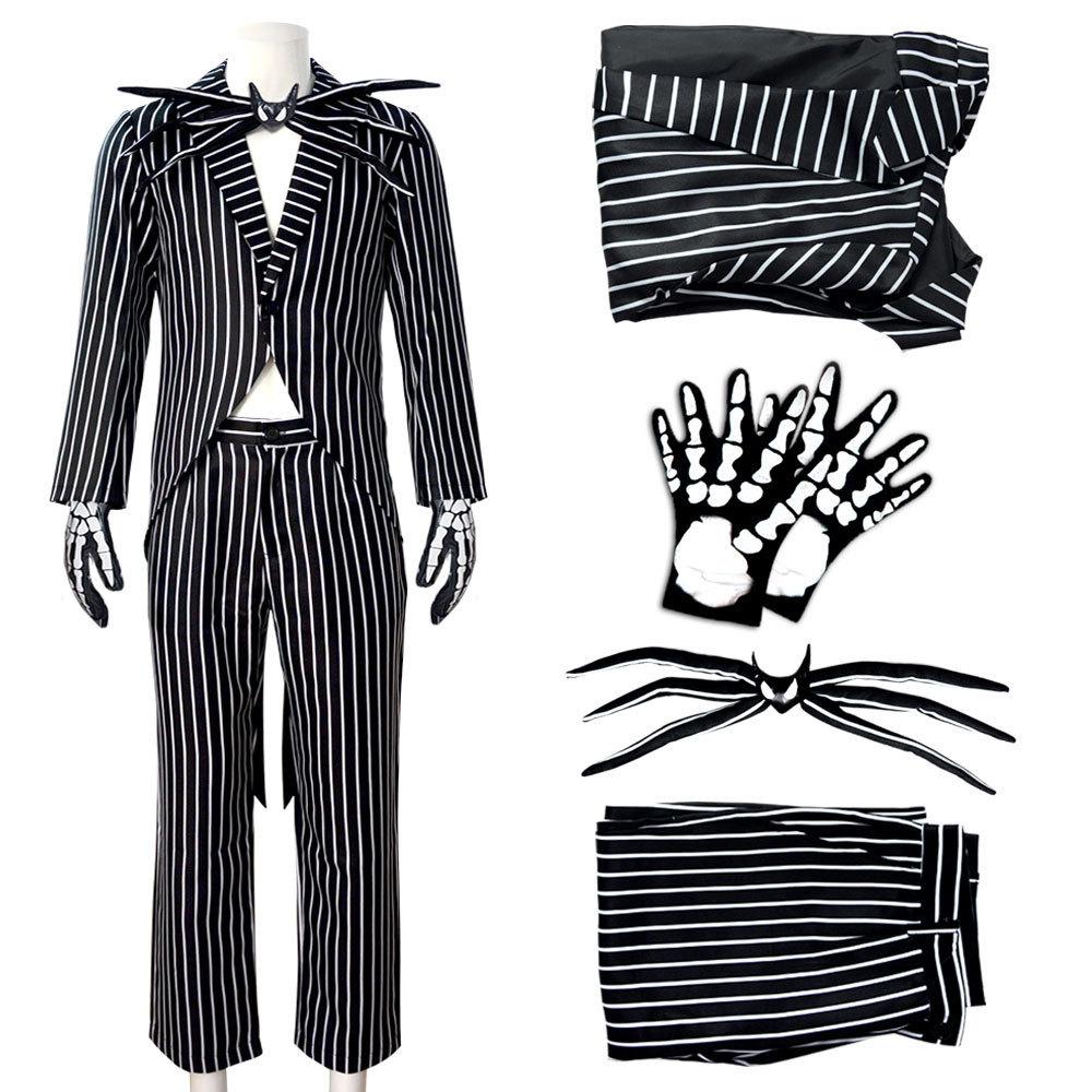 Set Costume di Halloween Jack Skeletron per Uomo, Outfit Cosplay Nightmare Before Christmas, Include Tuta, Guanti, Cravatta, Outfit per Festa di Natale