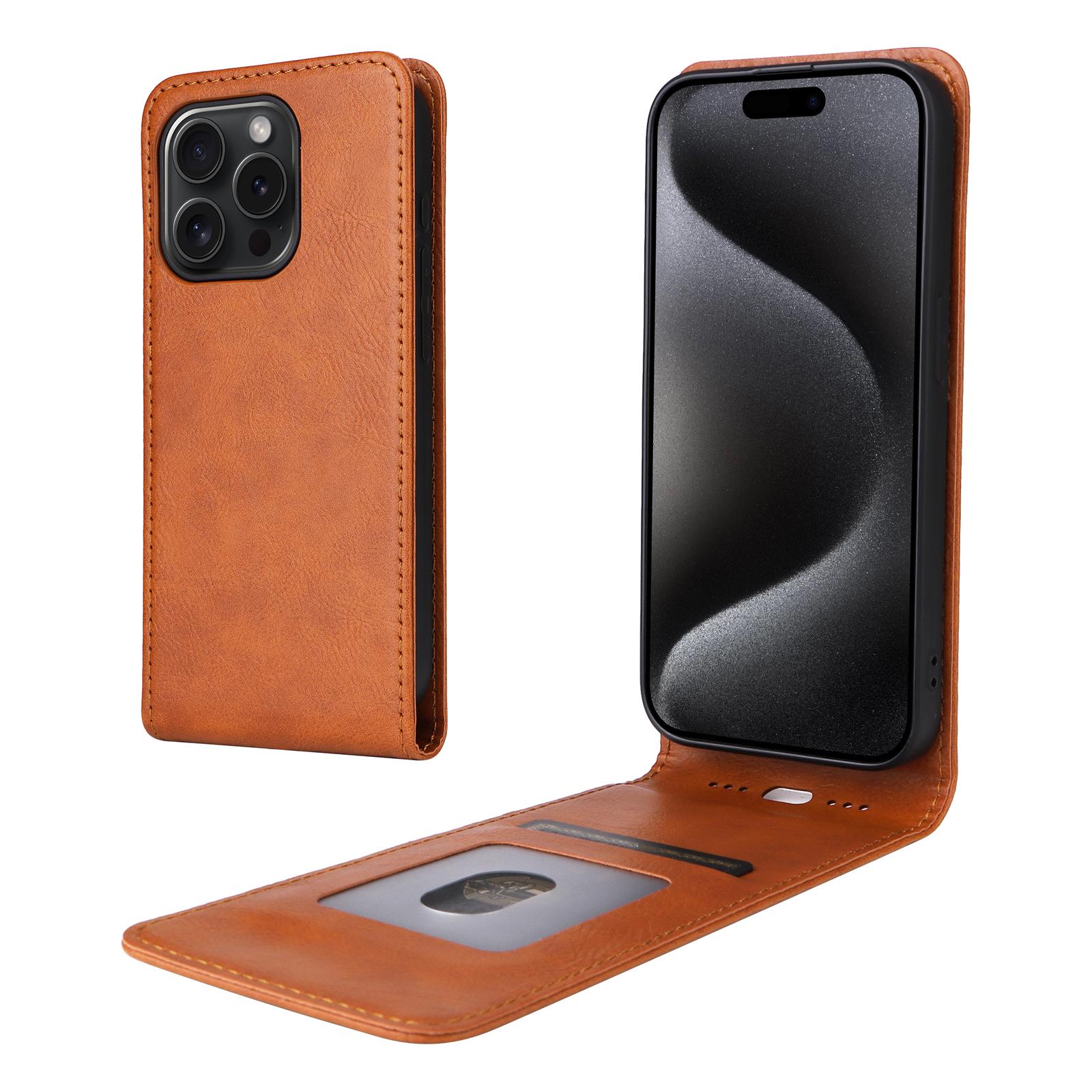

For iPhone 15 Pro Case with Card Slot Magnetic Vertical Flip Leather Phone Cover Orange