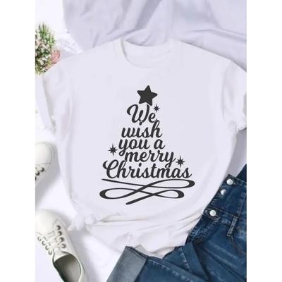 Fashion Female T-shirts Women Holiday Shirt Clothing Print T Top Merry Christmas Lovely Letter Trend 90s New Year Graphic Tee