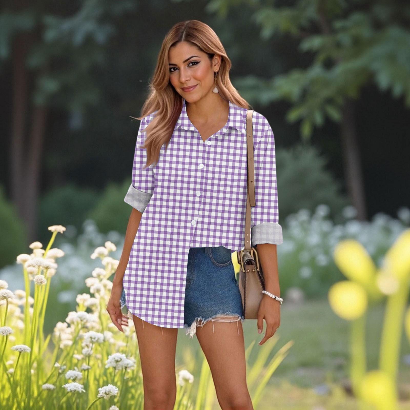 Women s Casual Fashion Tops Long Sleeve Button Loose Shirt M фиолетовый