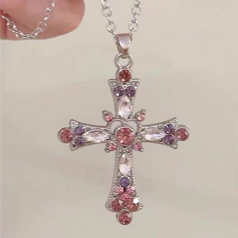 Zircon Cross Necklace Pink Purple Love Heart Cross Pendant Necklaces for Women Gothic Jewelry Party Girls Accessories