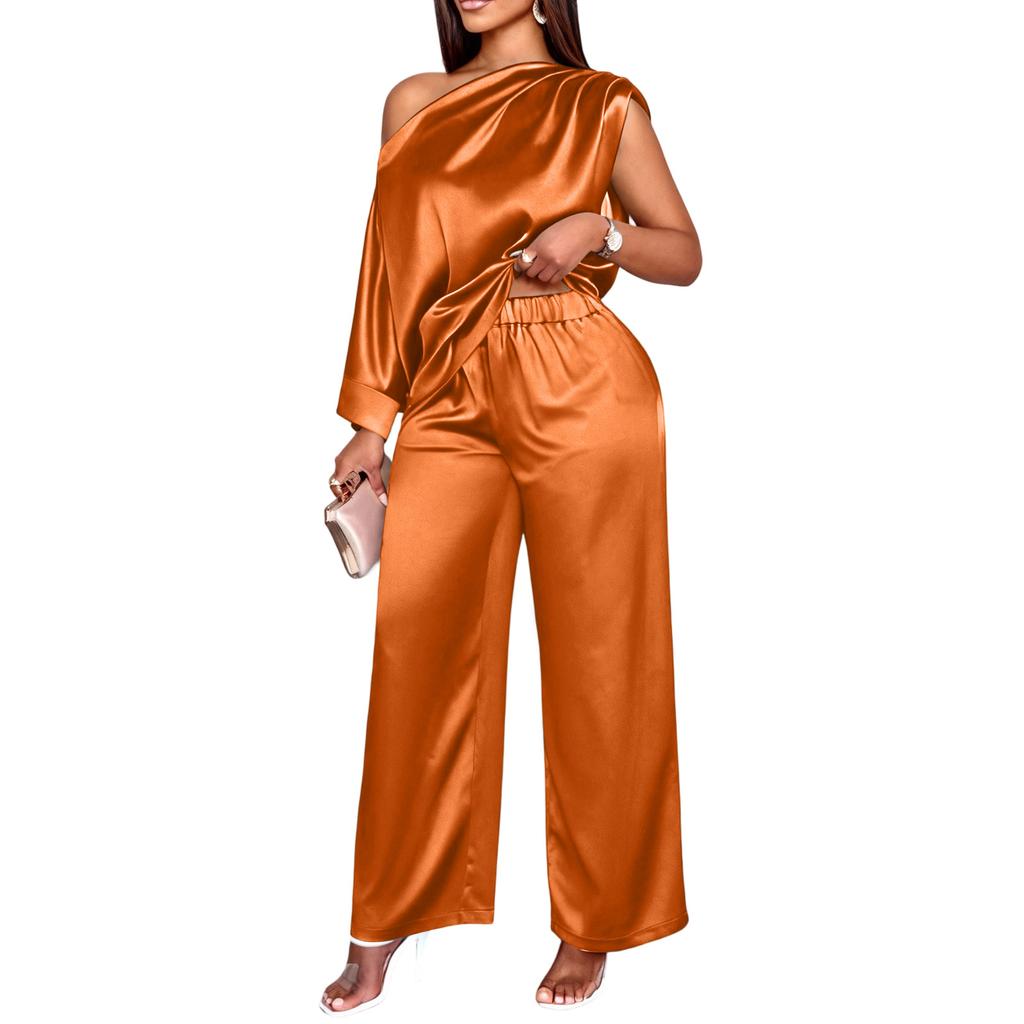 Women's Fashionable Casual Color Satin Asymmetrical Neck Top And Casual Pants Two,Piece Set