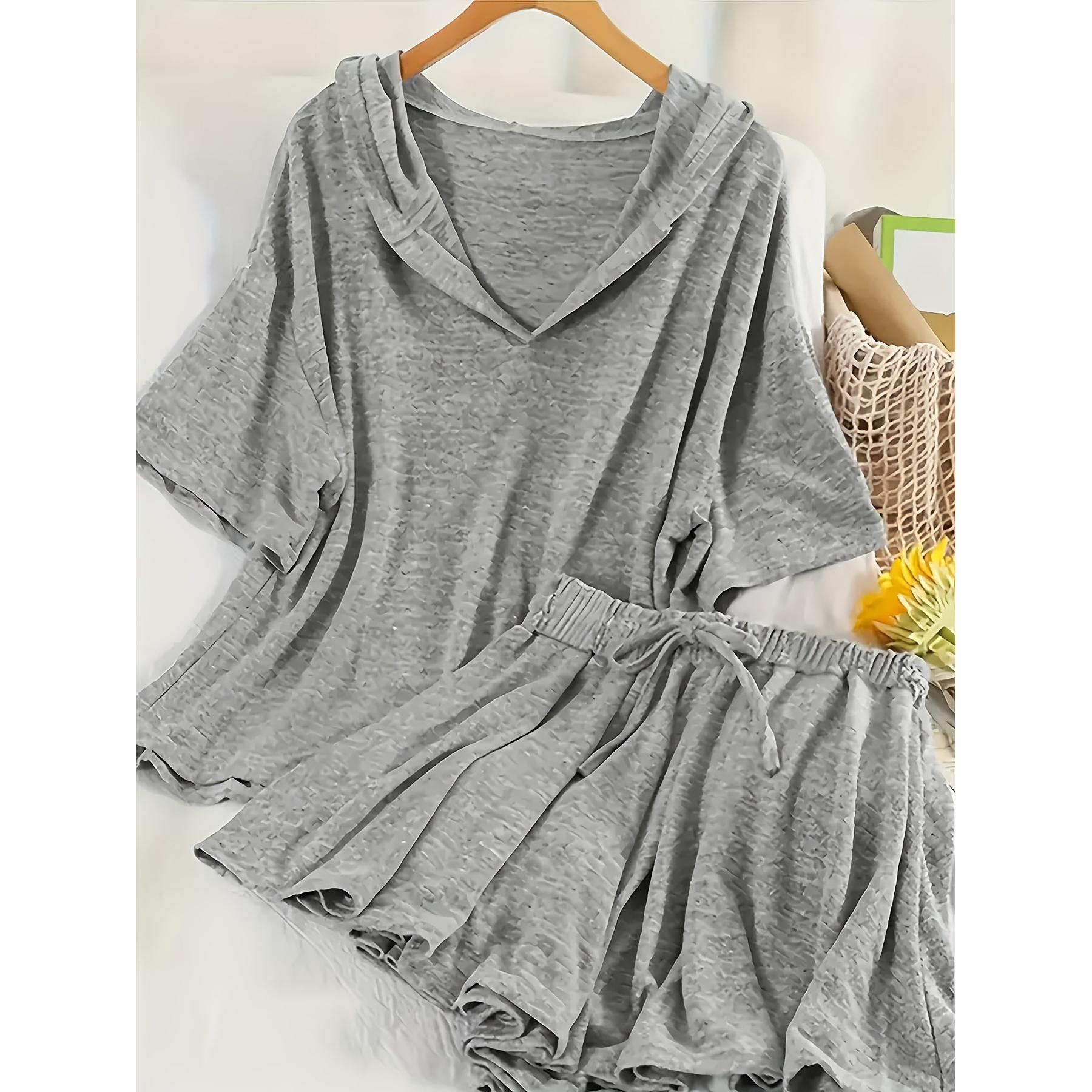 

Women s Sports Suit Casual Hooded Neck Short Sleeve Shorts Pantsuit - Solid Color Drawstring Waist, Loose Fit Two-piece Set with Ribbed Detailing XS серый