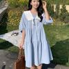 Navava Women Ruffled Collar Puff Sleeve Loose Fit 5 Part Dress No994