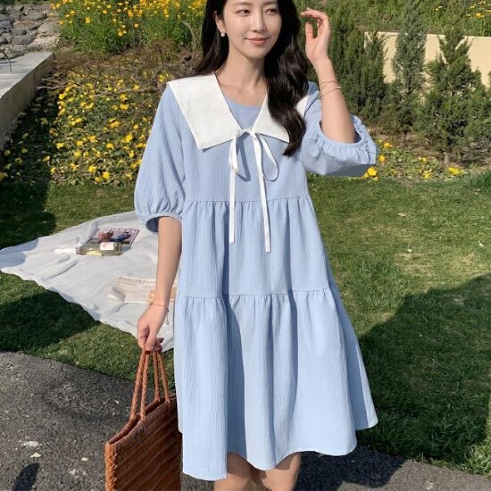 Navava Women Ruffled Collar Puff Sleeve Loose Fit 5 Part Dress No994
