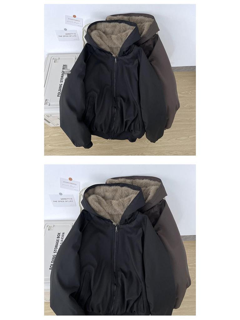 Unisex Reversible Hooded Cotton Jacket with Thick Velvet for Winter