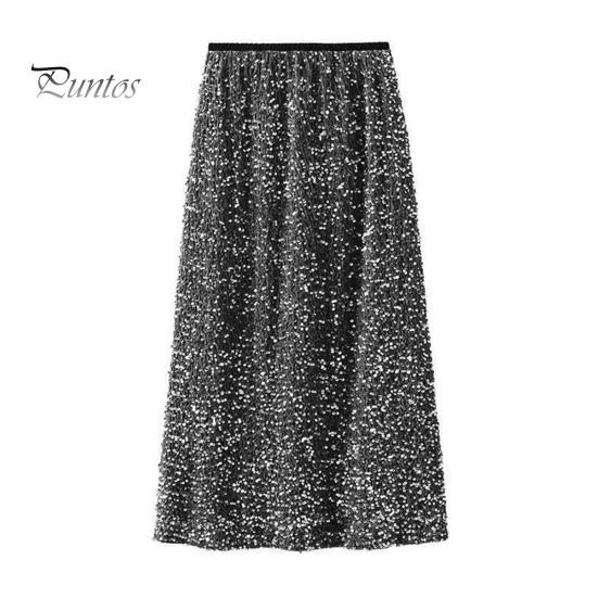 Solid Color Skirt Women Shiny Sequin Decoration Midi Elastic Soft Fabric High Waist Back Slit Design Beach Weddings Comfortable