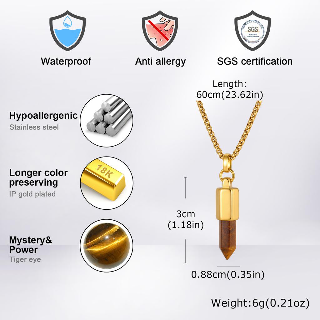 Vnox Tiger Eye Black Agate Bullet Pendant Necklace for Men, Gold Sliver Color Stainless Steel Box Chain Necklaces Jewelry Gifts