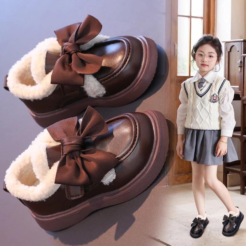 Girls Princess Shoes Round Toe Chic Kids Warm Shoes with Big Bow 2024 Winter New Fashion Sweet Children Leather Shoes Soft Sole