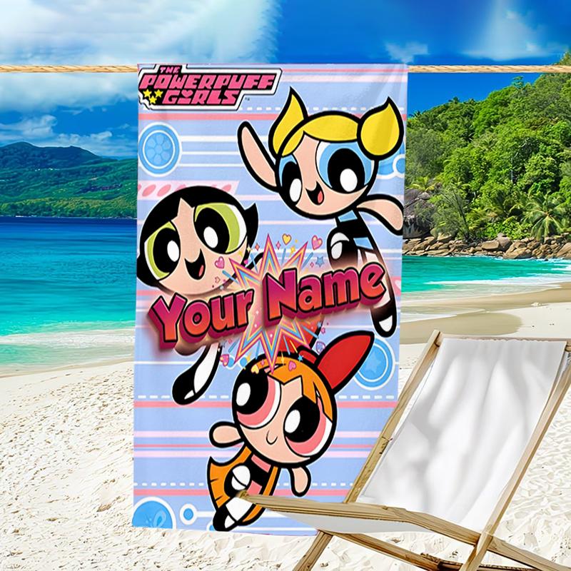1pc Powerpuff Beach Towel with Custom Name, Beach and Seaside Swimming Pool Equipment, Fashion Pattern, Rectangular, Travel Essential