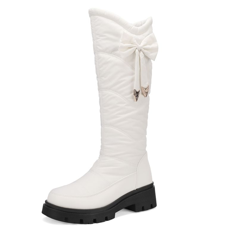 Winter Snow Shoes Round Toe Thick Heels 5cm Slip On Bowknot Waterproof Plush Warm Knee High Bota Big Size 43 44