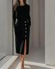 Solid Color Long Sleeve Round Neck Waist Cinched Button Decorated Slit Mid Length Women Dress