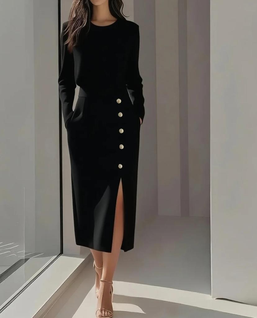 Solid Color Long Sleeve Round Neck Waist Cinched Button Decorated Slit Mid Length Women Dress