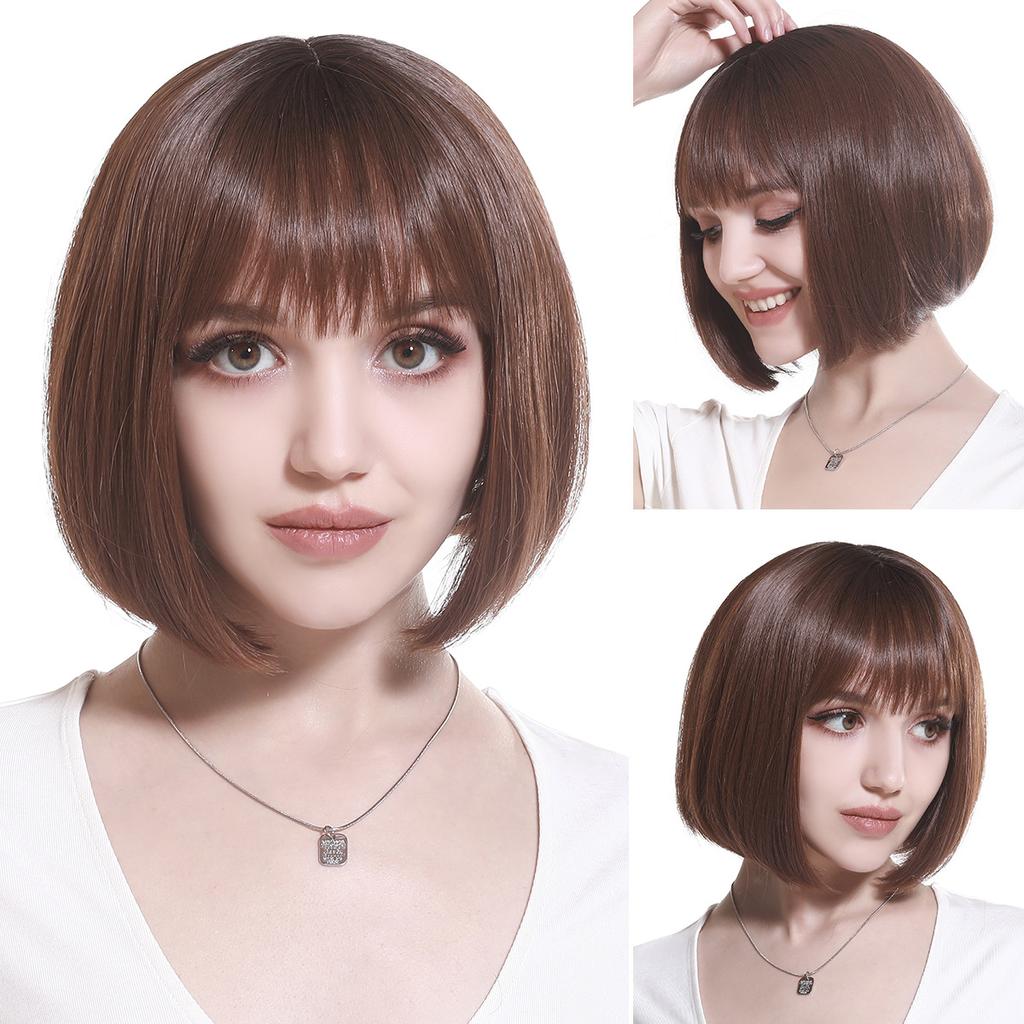 Women's Natural Looking Daily Use Short Straight Wig with See-through Bangs Ladies Front Lace Heat Resistant Fluffy Bob Wig