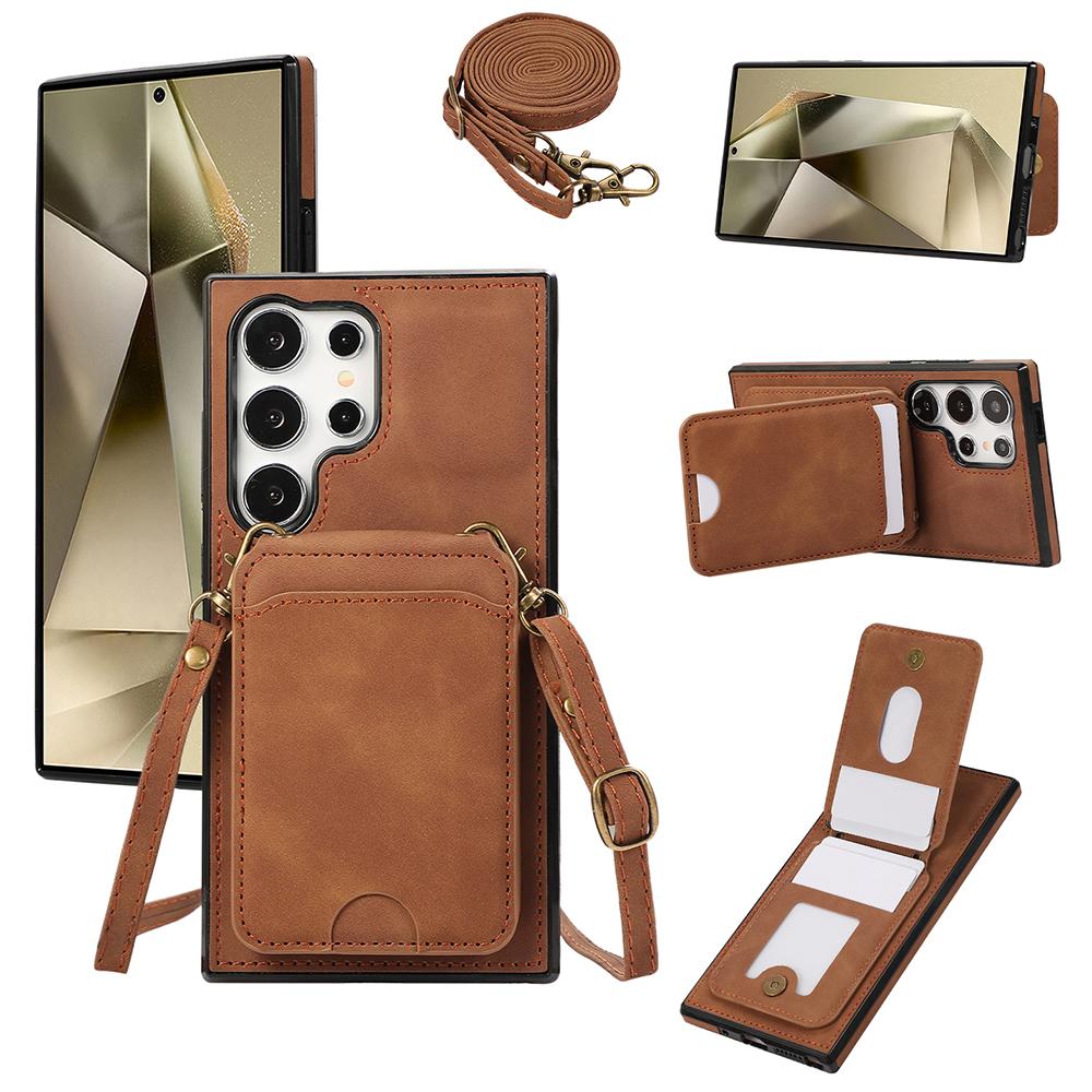 For Samsung Galaxy S24 Ultra Case Card Holder Kickstand Leather + TPU Phone Cover with Shoulder Strap