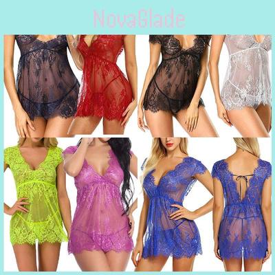 Lencería Sexy de Encaje para Pestañas de Lujo para Mujer Vestido Babydoll Transparente Ropa de Dormir Conjunto de Espalda en T Para Noches Elegantes
