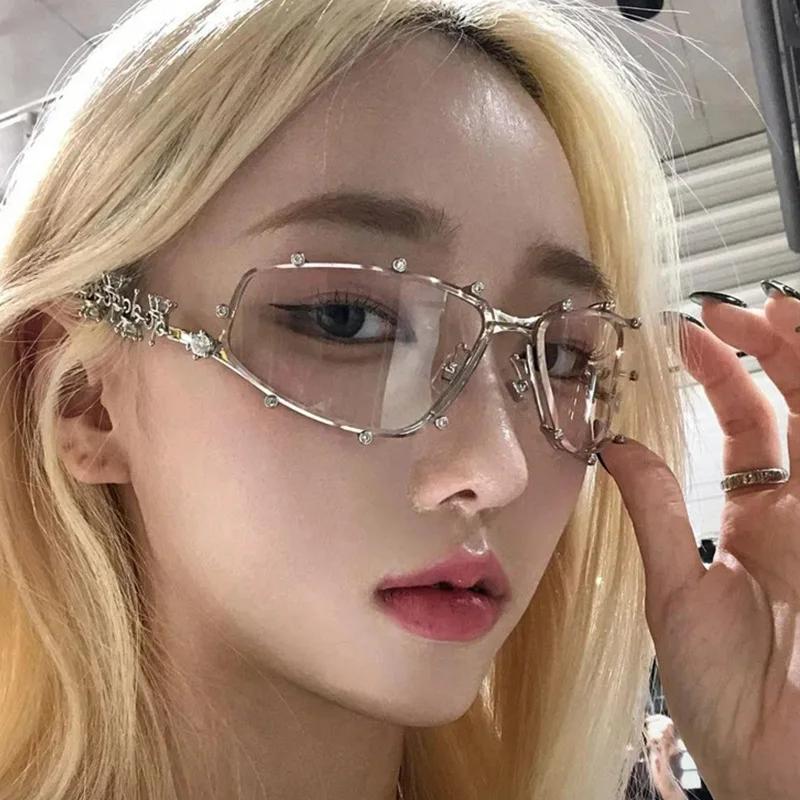 Y2K Rhinestone Vintage Eyeglasses Women Oversized Metal Frame Clear Lens Gold Optical Spectacle Unisex
