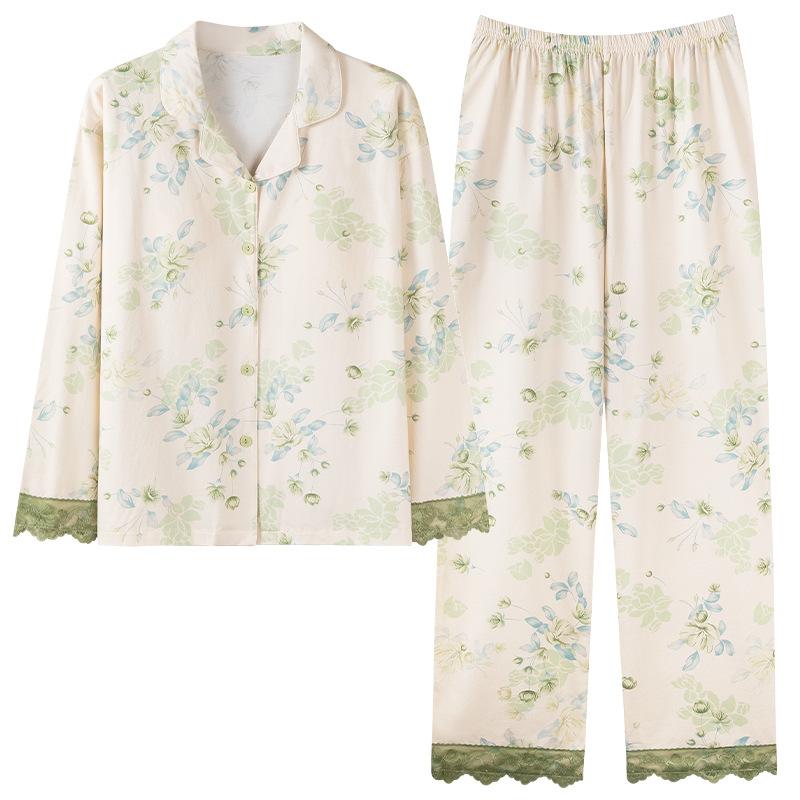 Pajamas women's spring and autumn pure cotton long-sleeved women's autumn middle-aged mother autumn and winter thin large-size high-end loungewear