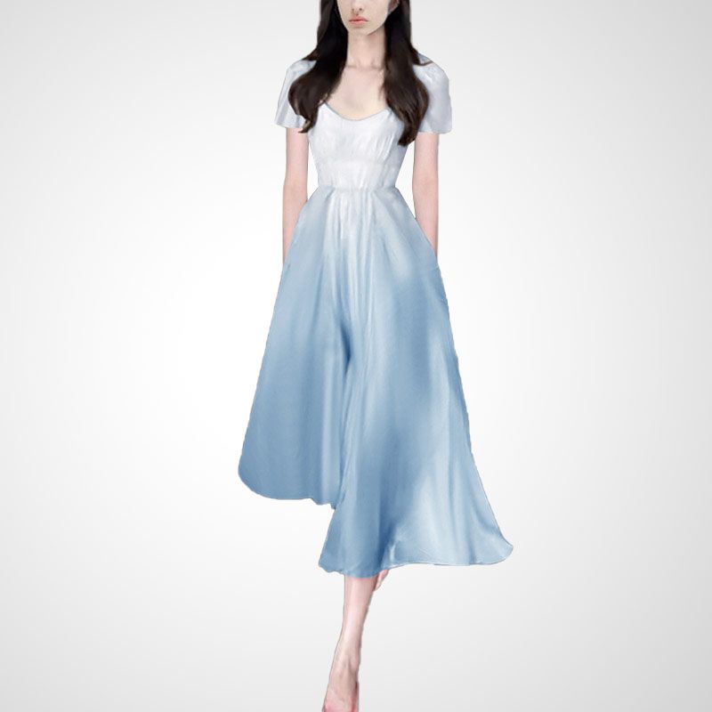 

Fashion Temperament Fairy Skirt Fancy Chic V-neck Skirt 2025 Summer Summer New Arrival Gradient Chiffon Dress Women Blue S