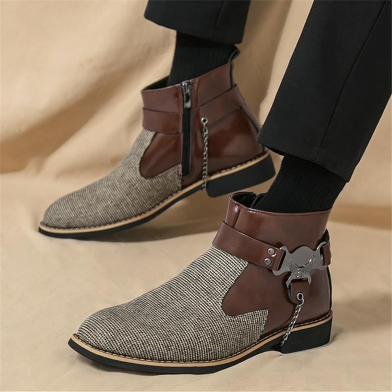 New Trend Designer Men's Pointed Mixed Patchwork Ankle Boots British Fashion Botas Casual Luxury High-top Punk Rock Shoes