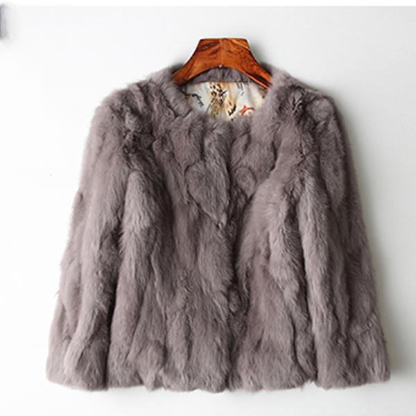 Lady Real Genuine Rabbit Fur 3/4 Sleeve Outwear Winter Warm Jacket Furry Coat