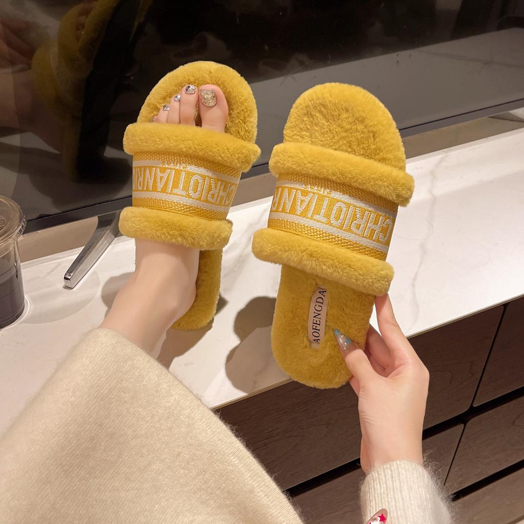 Fluffy cute plush slippers trendy girl autumn new warm fashion home letter flat bottom one word slippers