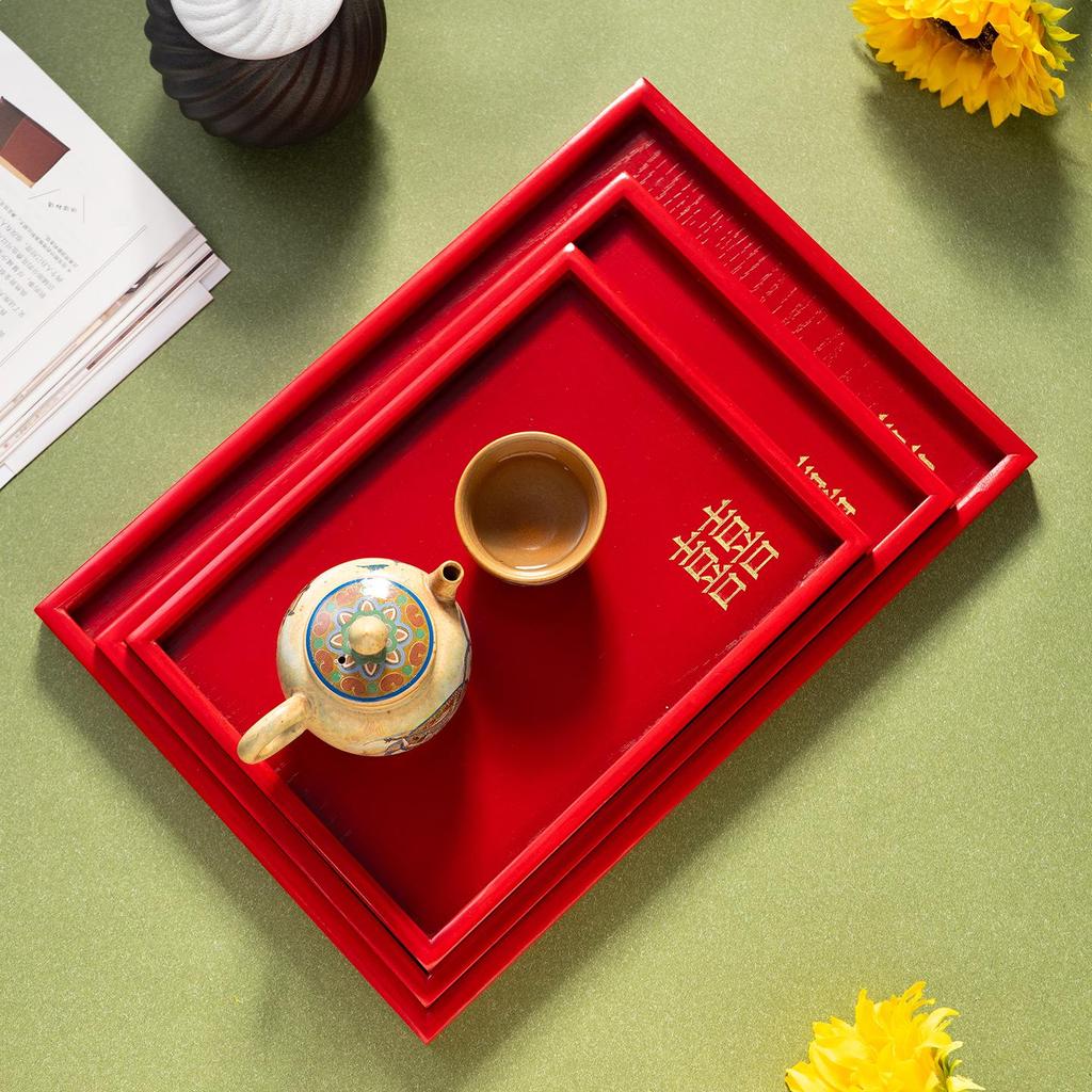 Massivholz Retro Rote Doppel-Glück Schale - Hochzeits-Teeservice & Neujahrs-Trockenfrucht-Platte